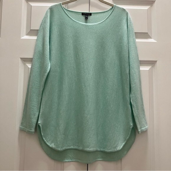 Eileen Fisher 100% Cashmere Featherweight Mint Green Sweater Rounded Hem Small - Picture 1 of 8